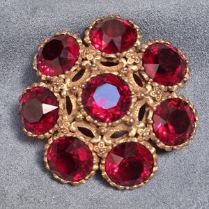 Victorian Revival Kramer Red Rhinestone Brooch Vintage Pin